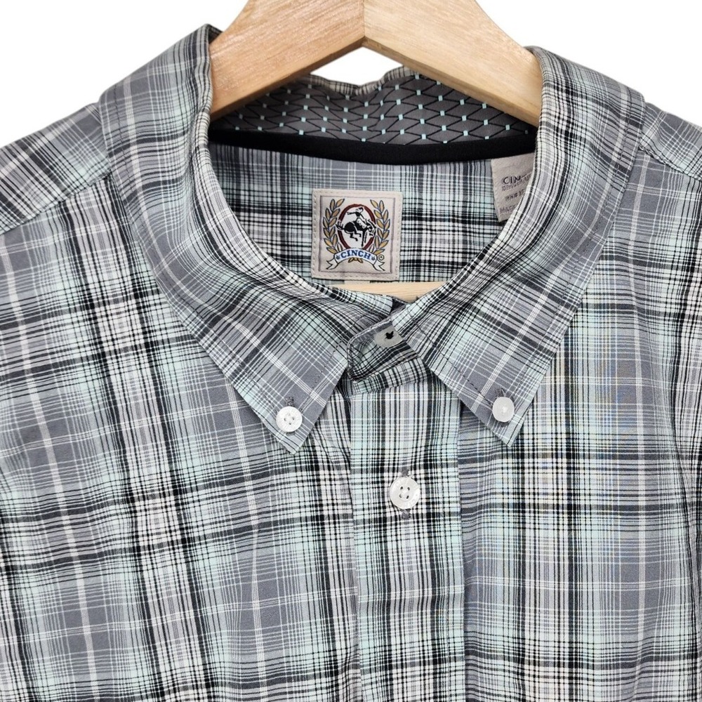 Cinch‎ Button Down Shirt Mens XL Teal Gray Plaid Long Sleeve Western Pocket